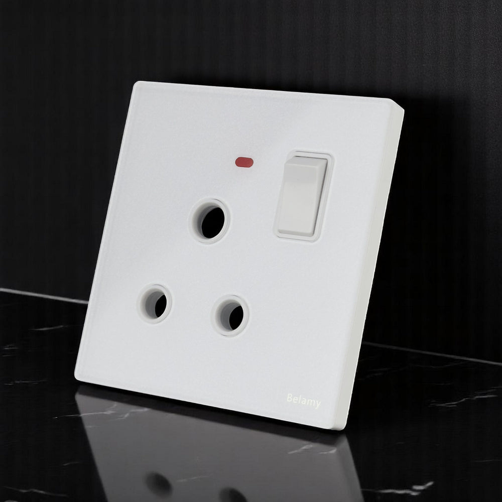 Belamy white 1 gang 3-pin round socket with rocker switch and red indicator light, model BE-151-SW.