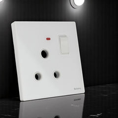 Belamy white 1 gang 3-pin round socket with rocker switch and red indicator light, model BE-151-SW.
