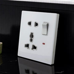 Belamy white 1 gang 5-pin socket with rocker switch and red indicator light, model BE-152-SW.