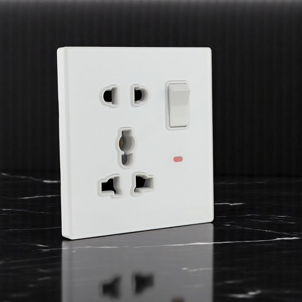 Belamy white 1 gang 5-pin socket with rocker switch and red indicator light, model BE-152-SW.