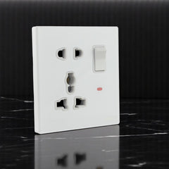 Belamy white 1 gang 5-pin socket with rocker switch and red indicator light, model BE-152-SW.