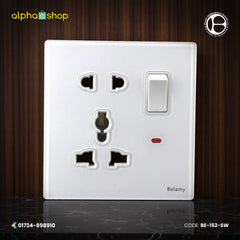 Belamy white 1 gang 5-pin socket with rocker switch and red indicator light, model BE-152-SW.