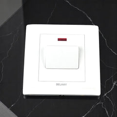 Belamy white 20A double pole switch with rocker control and red LED indicator, model BE-124-SW.