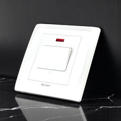 Belamy white 20A double pole switch with large rocker control and red LED indicator, model BE-124-SW.