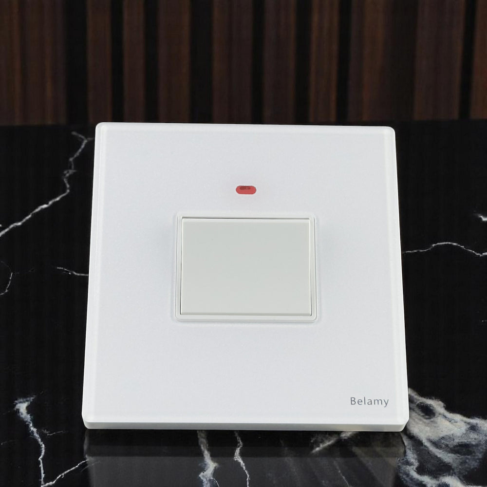 Belamy 20A DP switch with red LED indicator and clean white finish, model BE-153-SW.