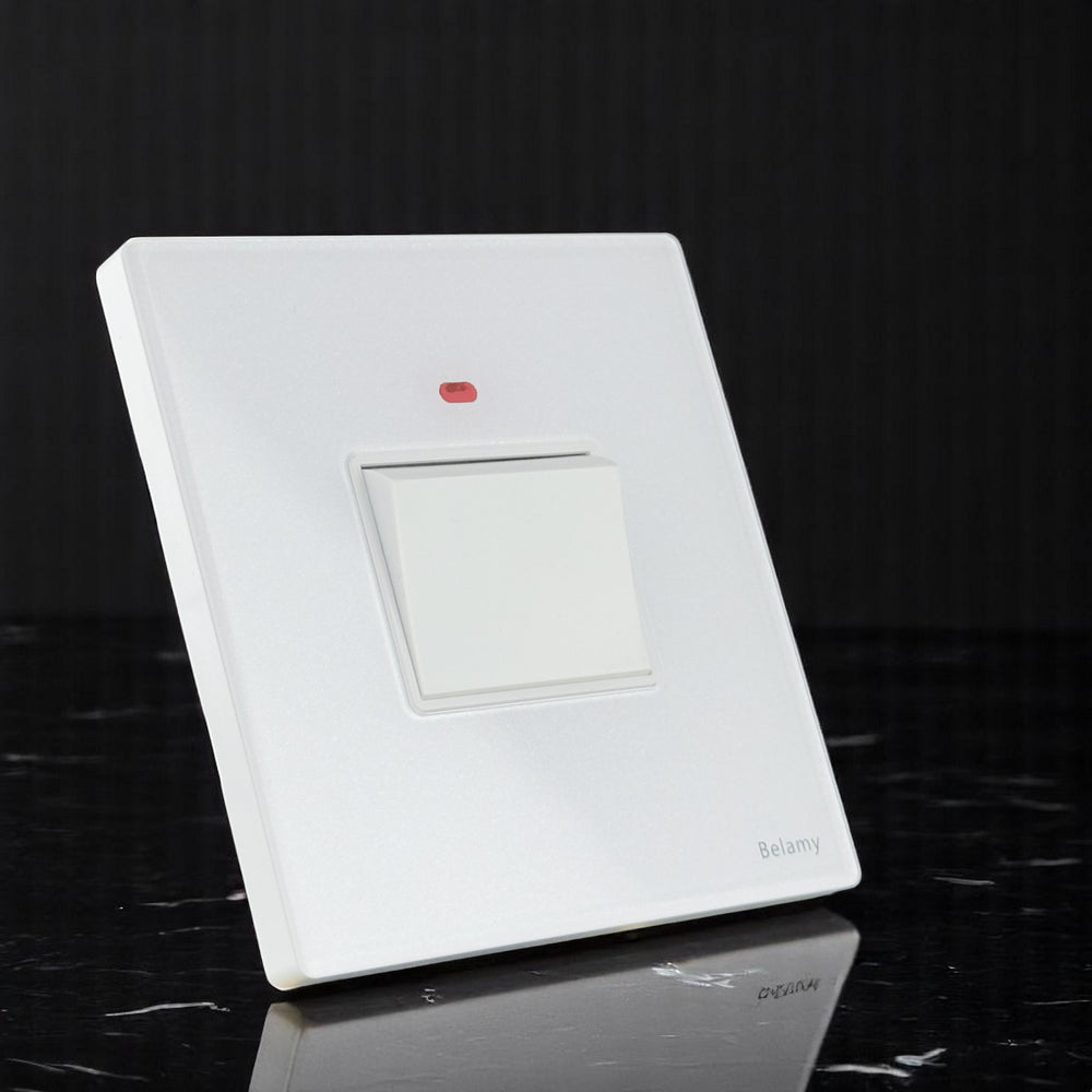 Belamy 20A DP switch with red LED indicator, large rocker control and clean white finish, model BE-153-SW.