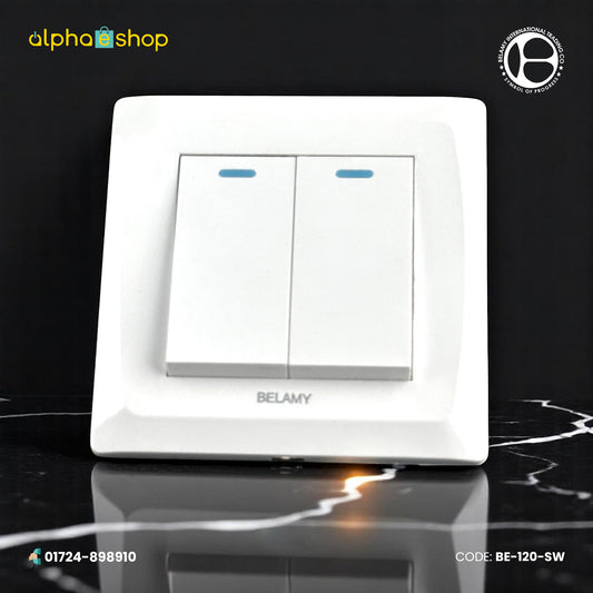 Belamy 2-gang 1-way electrical switch in white, featuring a minimalist design. Available at Alphaeshop.