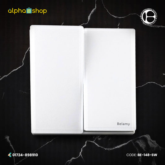 Belamy 2-gang 1-way electrical switch in white with a minimalist finish. Quality wall switch available at Alphaeshop.