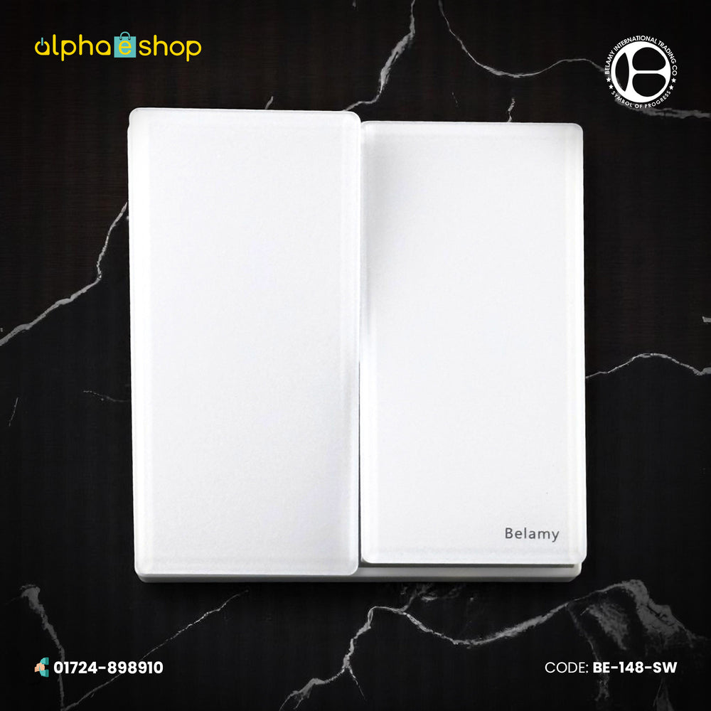 Belamy 2-gang 1-way electrical switch in white with a minimalist finish. Quality wall switch available at Alphaeshop.