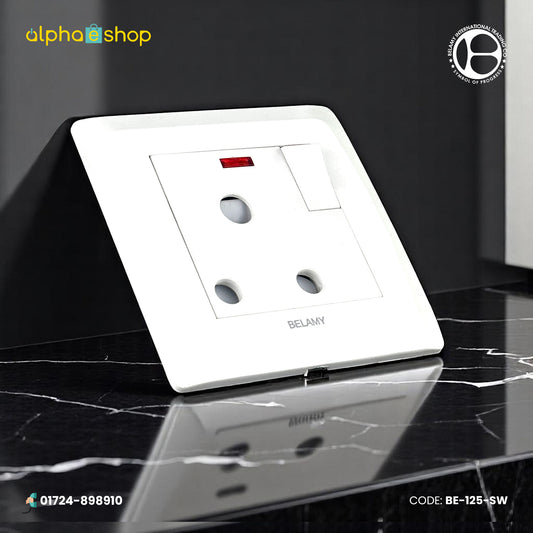 Belamy white 3-pin socket with rocker switch and red LED indicator, model BE-125-SW.