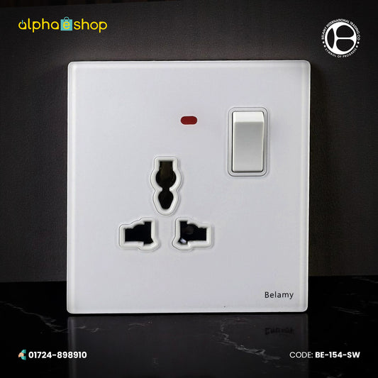 Belamy white 3-pin socket with separate rocker switch and red indicator light, model BE-154-SW.