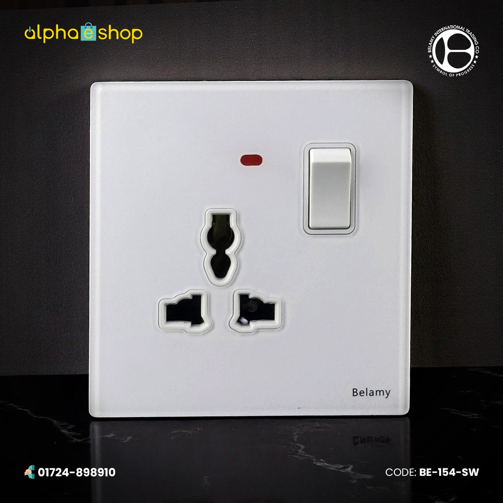 Belamy white 3-pin socket with separate rocker switch and red indicator light, model BE-154-SW.