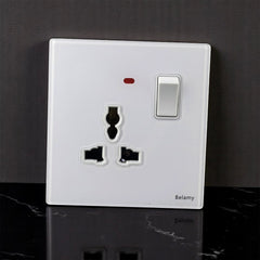 Belamy white 3-pin socket with separate rocker switch and red indicator light, model BE-154-SW.