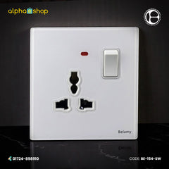 Belamy white 3-pin socket with separate rocker switch and red indicator light, model BE-154-SW.