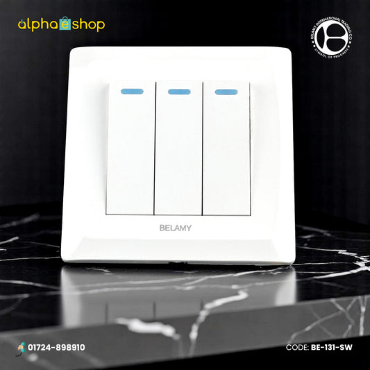 Belamy 3-gang 1-way electrical switch in white, featuring a modern design. Quality switch available at Alphaeshop.