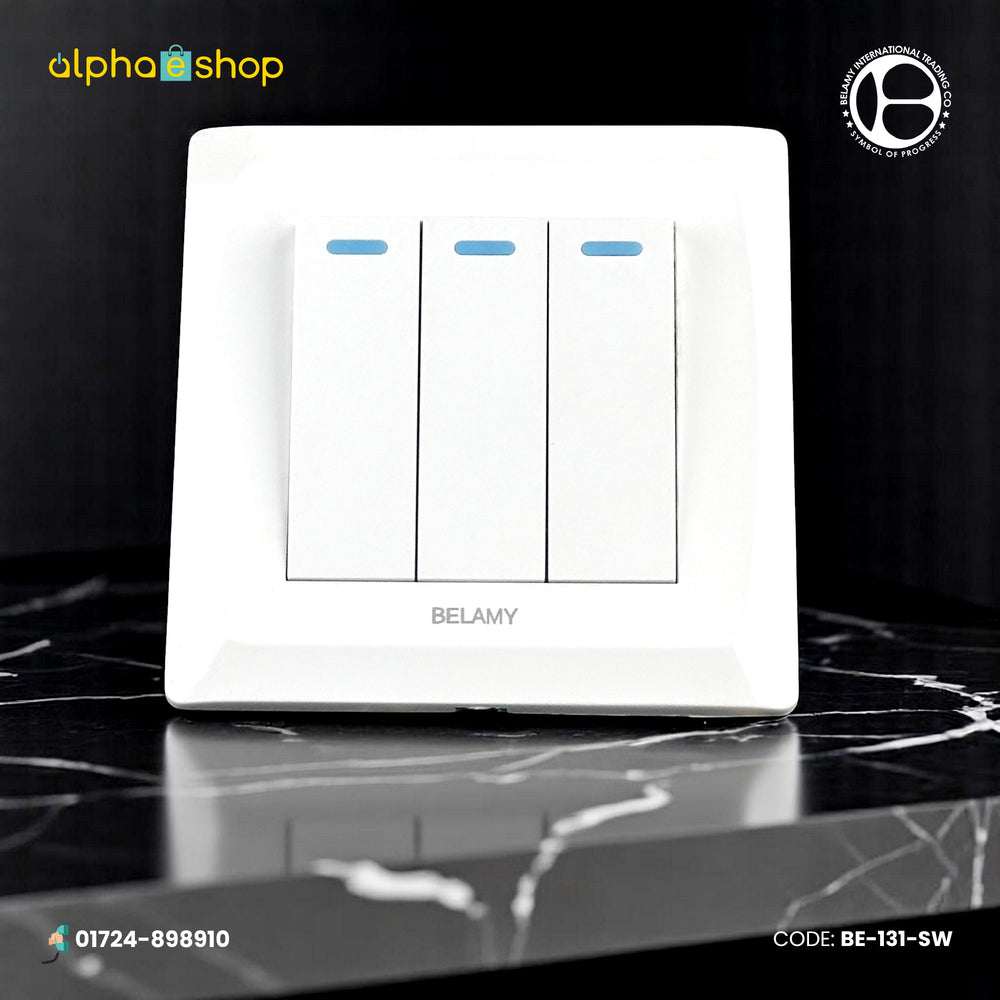 Belamy 3-gang 1-way electrical switch in white, featuring a modern design. Quality switch available at Alphaeshop.