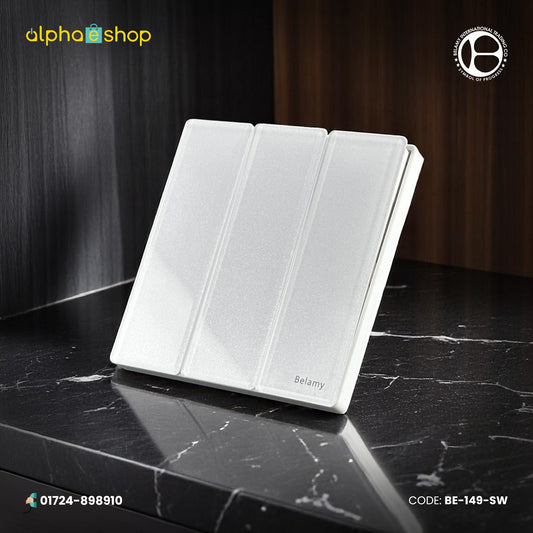 Belamy 3-gang 1-way electrical switch in white with a modern finish. Quality wall switch available at Alphaeshop.