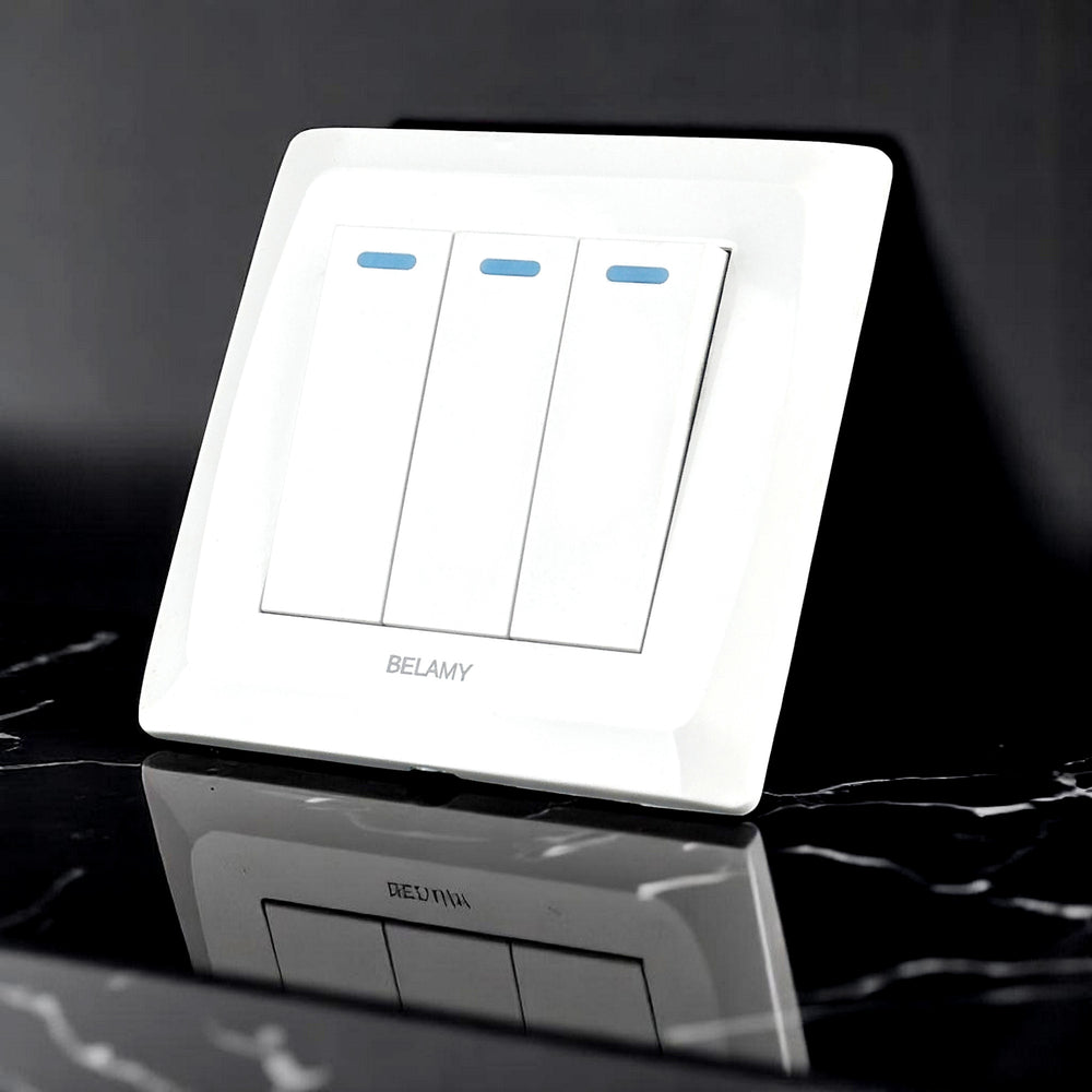Belamy white 3 gang 1 way switch with three rocker controls and blue indicator strips, model BE-131-SW.