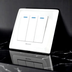 Belamy white 3 gang 1 way switch with three rocker controls and blue indicator strips, model BE-131-SW.