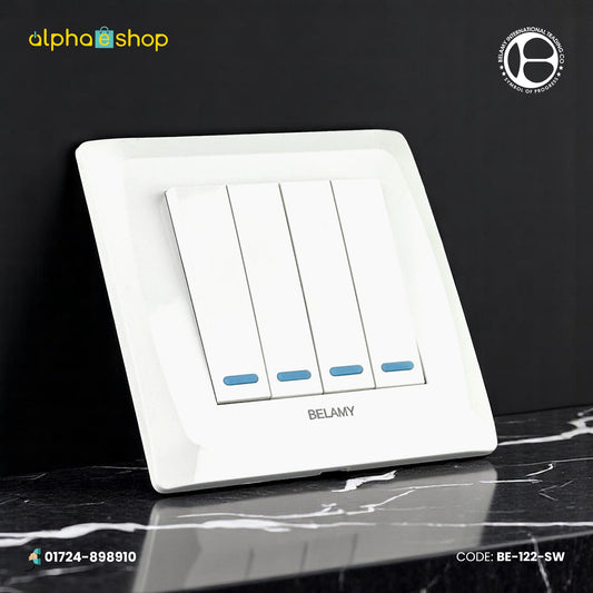 Belamy 4-gang 1-way electrical switch in white, featuring a modern minimalist design. Available at Alphaeshop.