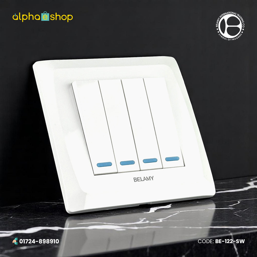 Belamy 4-gang 1-way electrical switch in white, featuring a modern minimalist design. Available at Alphaeshop.