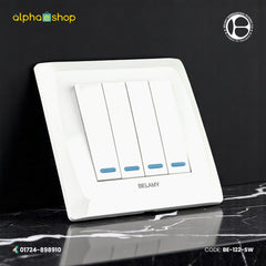 Belamy 4-gang 1-way electrical switch in white, featuring a modern minimalist design. Available at Alphaeshop.