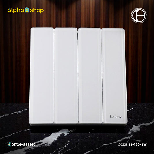 Belamy white 4-gang 1-way electrical switch featuring a modern minimalist design. Quality wall switch available at Alphaeshop.