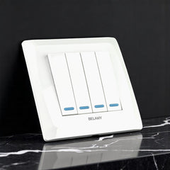 Belamy white 4 gang 1 way wall switch with four rocker switches and blue indicators, model BE-122-SW.