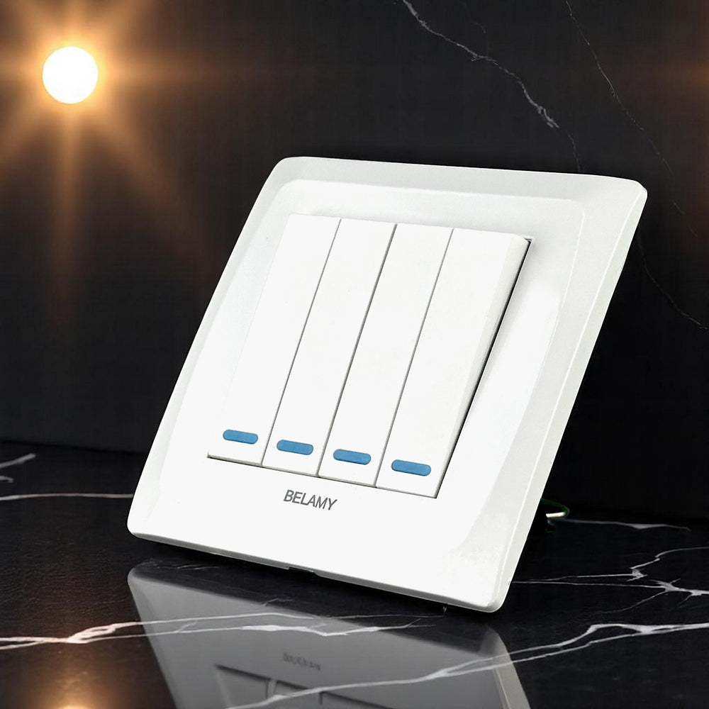 Belamy white 4 gang 1 way wall switch with four rocker switches and blue indicators, model BE-122-SW.