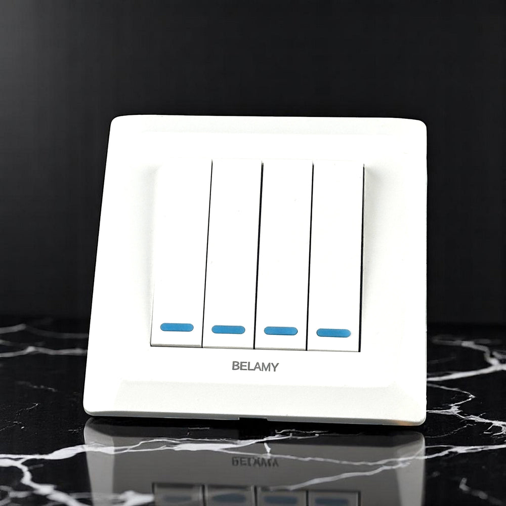Belamy white 4 gang 1 way wall switch with four rocker switches and blue indicators, model BE-122-SW.