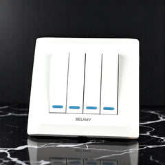 Belamy white 4 gang 1 way wall switch with four rocker switches and blue indicators, model BE-122-SW.
