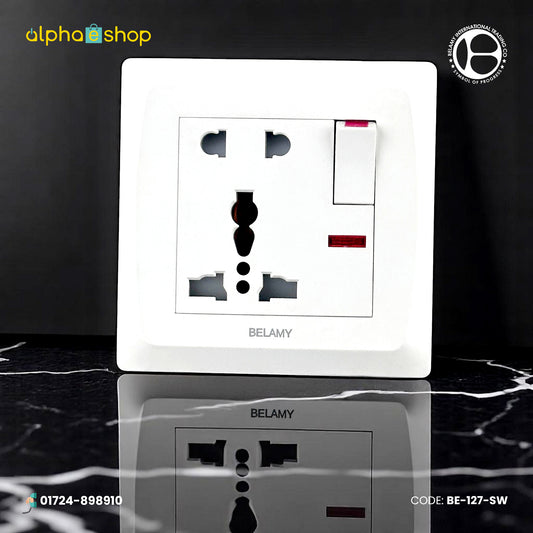 Belamy white 5-pin socket with rocker switch and red LED indicator, model BE-127-SW.