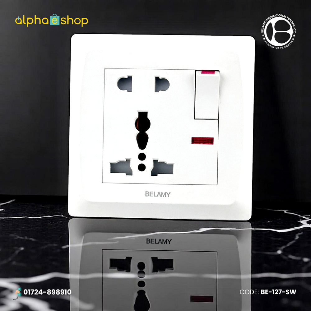 Belamy white 5-pin socket with rocker switch and red LED indicator, model BE-127-SW.