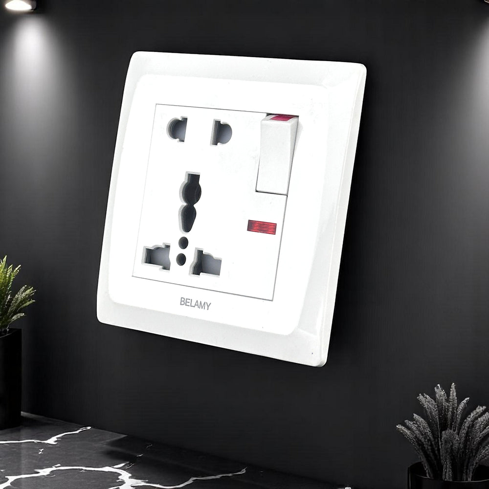 Belamy white 5-pin socket with rocker switch and red LED indicator, model BE-127-SW.