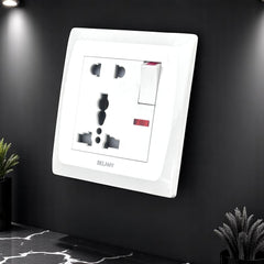 Belamy white 5-pin socket with rocker switch and red LED indicator, model BE-127-SW.