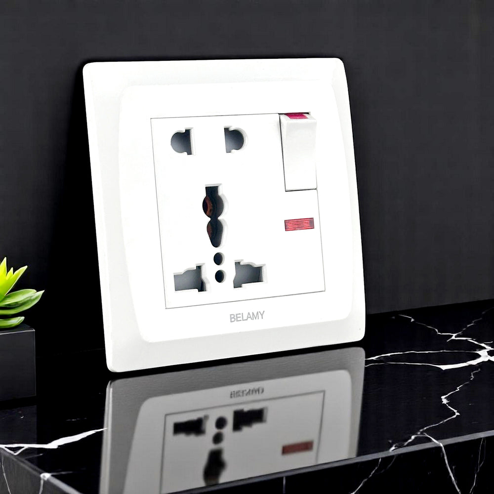 Belamy white 5-pin socket with rocker switch and red LED indicator, model BE-127-SW.