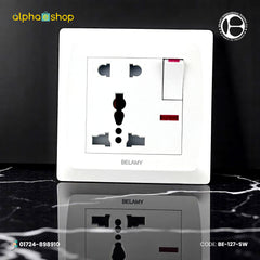 Belamy white 5-pin socket with rocker switch and red LED indicator, model BE-127-SW.