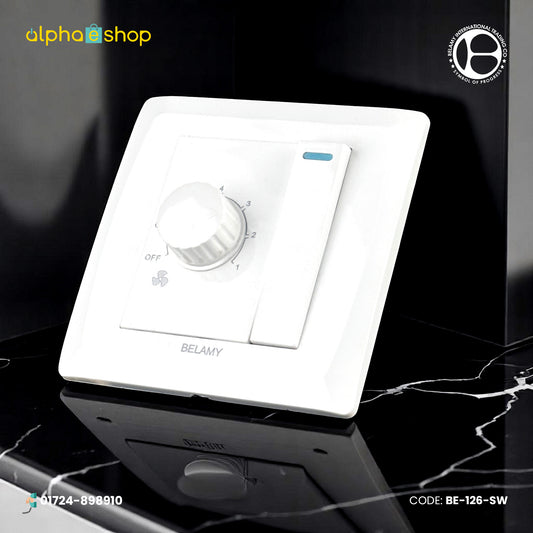 Belamy white fan dimmer with switch, featuring a rotary regulator knob and minimalist design. Available at Alphaeshop.