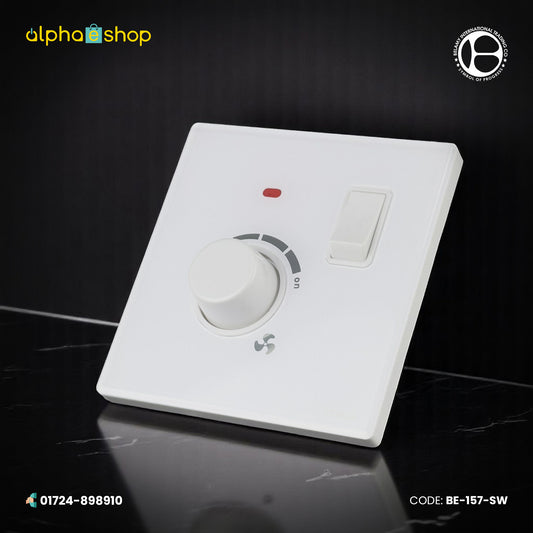Belamy white fan dimmer with integrated switch and rotary control dial. Premium electrical control solution available at Alphaeshop.