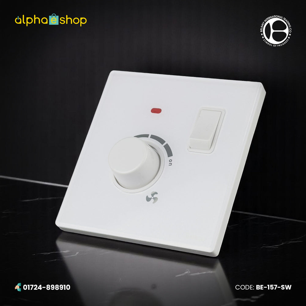 Belamy white fan dimmer with integrated switch and rotary control dial. Premium electrical control solution available at Alphaeshop.