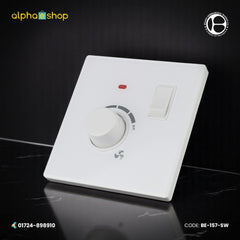 Belamy white fan dimmer with integrated switch and rotary control dial. Premium electrical control solution available at Alphaeshop.