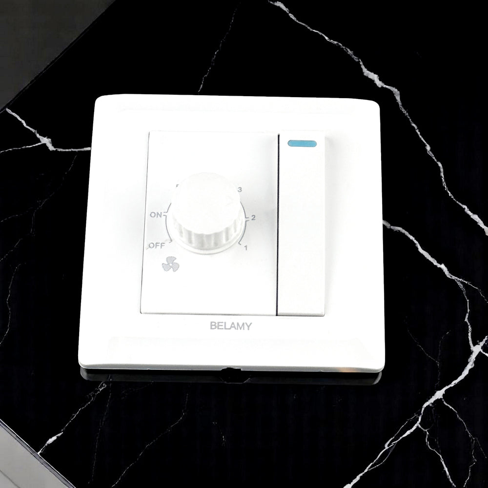 Belamy white fan dimmer with rotary speed control, separate rocker switch and blue indicator, model BE-126-SW.