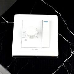 Belamy white fan dimmer with rotary speed control, separate rocker switch and blue indicator, model BE-126-SW.