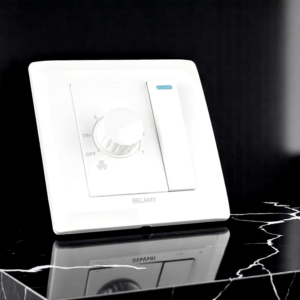 Belamy white fan dimmer with rotary speed control, rocker switch and blue indicator, model BE-126-SW.