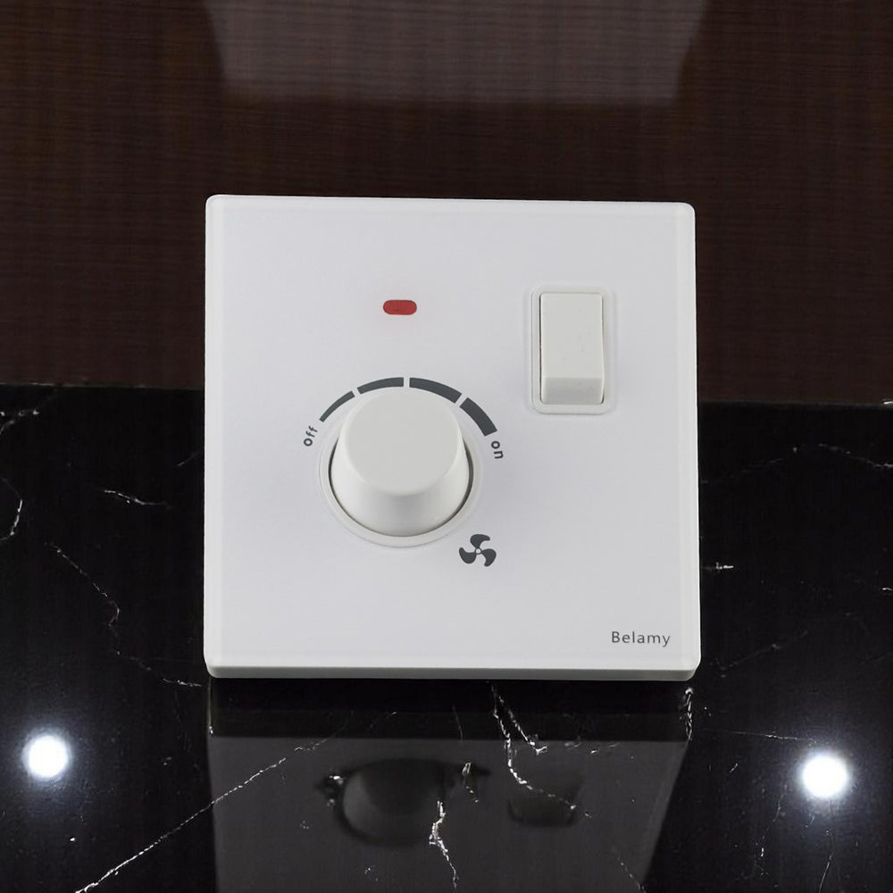 Belamy white fan dimmer with rotary speed control, separate rocker switch and indicator light, model BE-157-SW.
