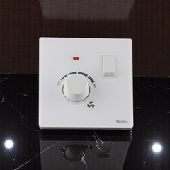 Belamy white fan dimmer with rotary speed control, separate rocker switch and indicator light, model BE-157-SW.
