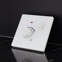 Belamy white fan dimmer with rotary speed control, separate rocker switch and red indicator light, model BE-157-SW.