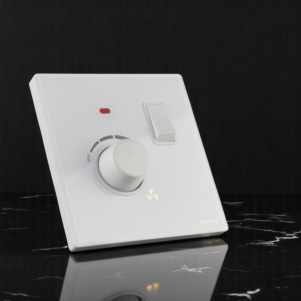 Belamy white fan dimmer with rotary speed control, separate rocker switch and red indicator light, model BE-157-SW.