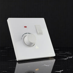 Belamy white fan dimmer with rotary speed control, separate rocker switch and red indicator light, model BE-157-SW.