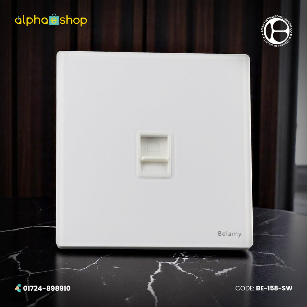 Belamy white internet socket with single network port and clean white wall plate design, model BE-158-SW.